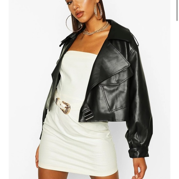 Boohoo Oversized Crop Biker Faux Leather Jacket - Picture 3 of 4